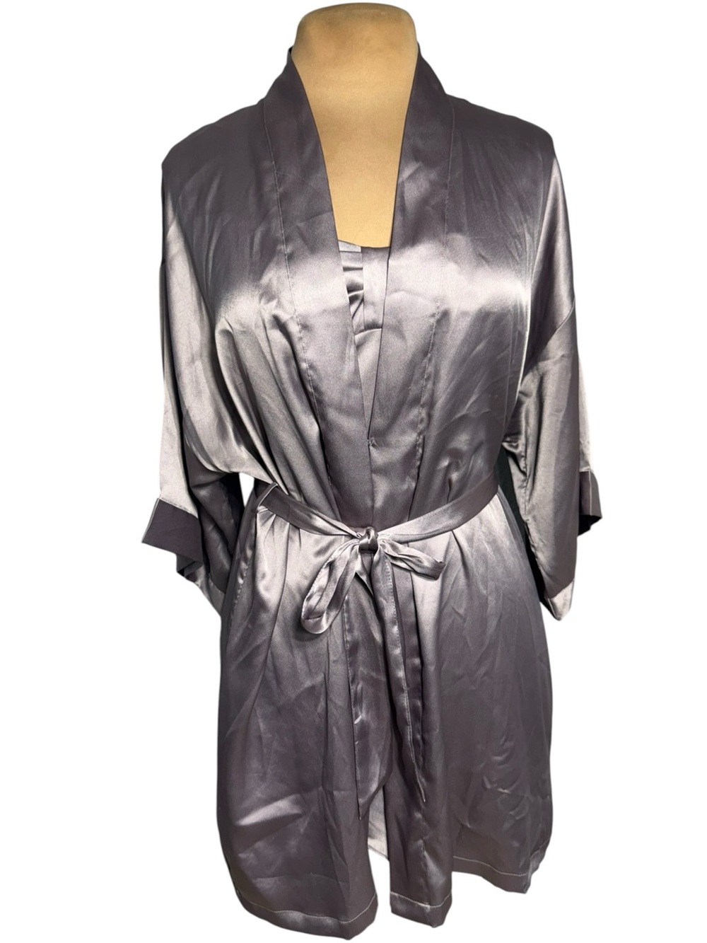 Vintage Victoria’s Secret Angels Satin Slip Dress Robe Set Smoky Pewter Lavender - Picture 6 of 14